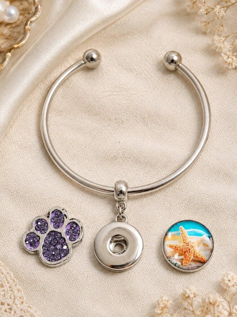 Silver Snap Charm Cuff Bracelet Paw Print & Starfish Interchangeable Snaps